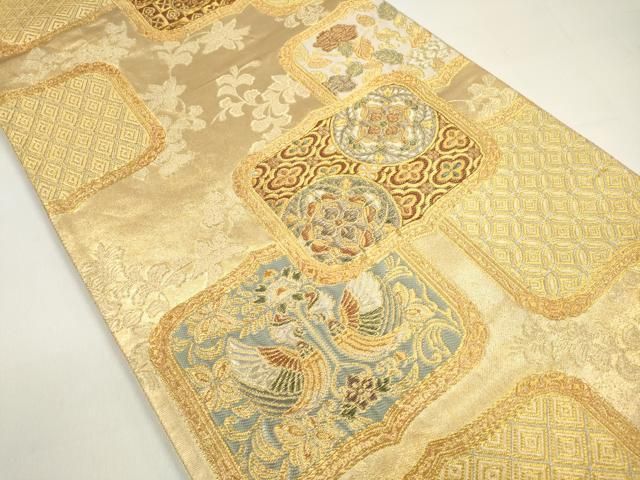 平和屋着物◎六通柄袋帯 向かい鳥花文 金銀糸 正絹 逸品