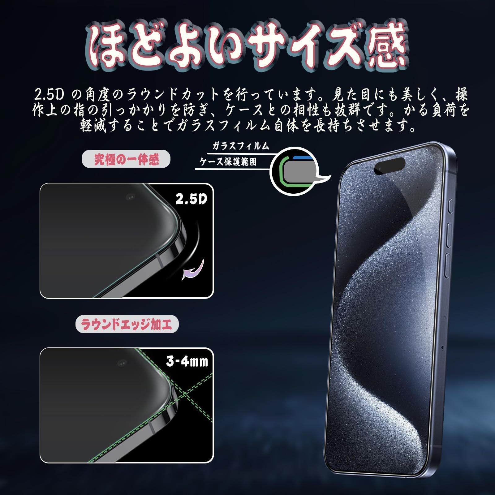 iPhone 15 Pro Max ガラスフィルム 全面保護 旭硝子素材製 強化黒縁