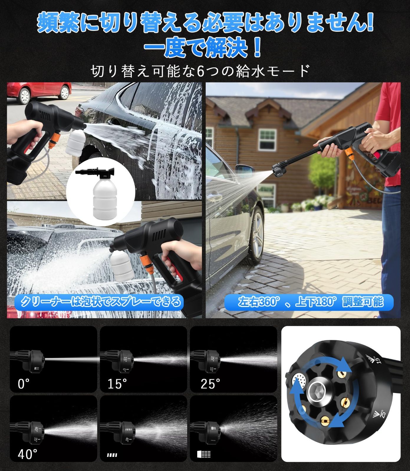 浴室 玄関 階段 外壁 庭 洗車 日本語取扱説明書 家庭用洗車機 自吸式噴射距離10M 6in1ノズル 洗浄機 高圧 軽量 ブラック 小型 ハンディ 充電式 2025新登場-軽量設計 コードレス HAODEMI 高圧洗浄機