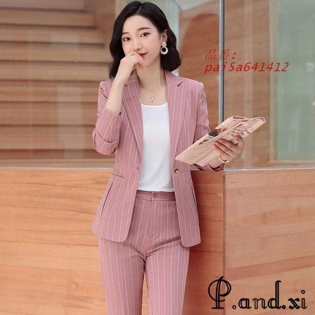 レディースファッション 大きいサイズ パンツスーツ レディース ピンク ストライプ 30代 2点セット 通勤 OL スーツ 40代 春秋 フォーマル オフィススーツ pai5a641412