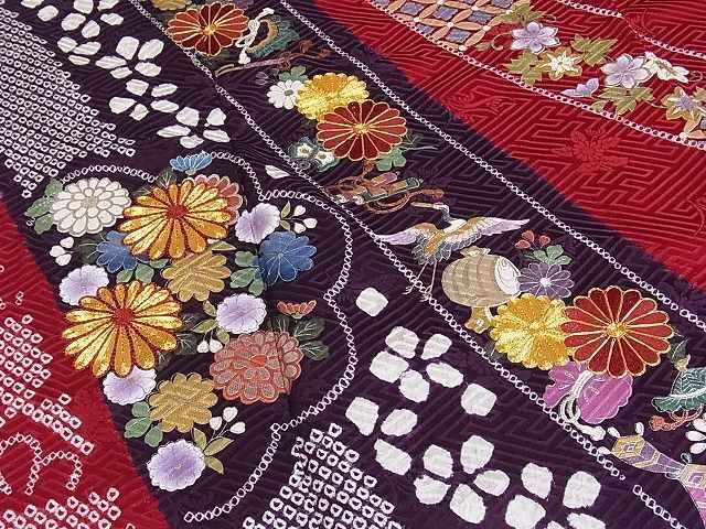 平和屋-こころ店□極上 振袖 駒刺繍 絞り 鬘帯飛鶴吉祥花文 金彩 着丈