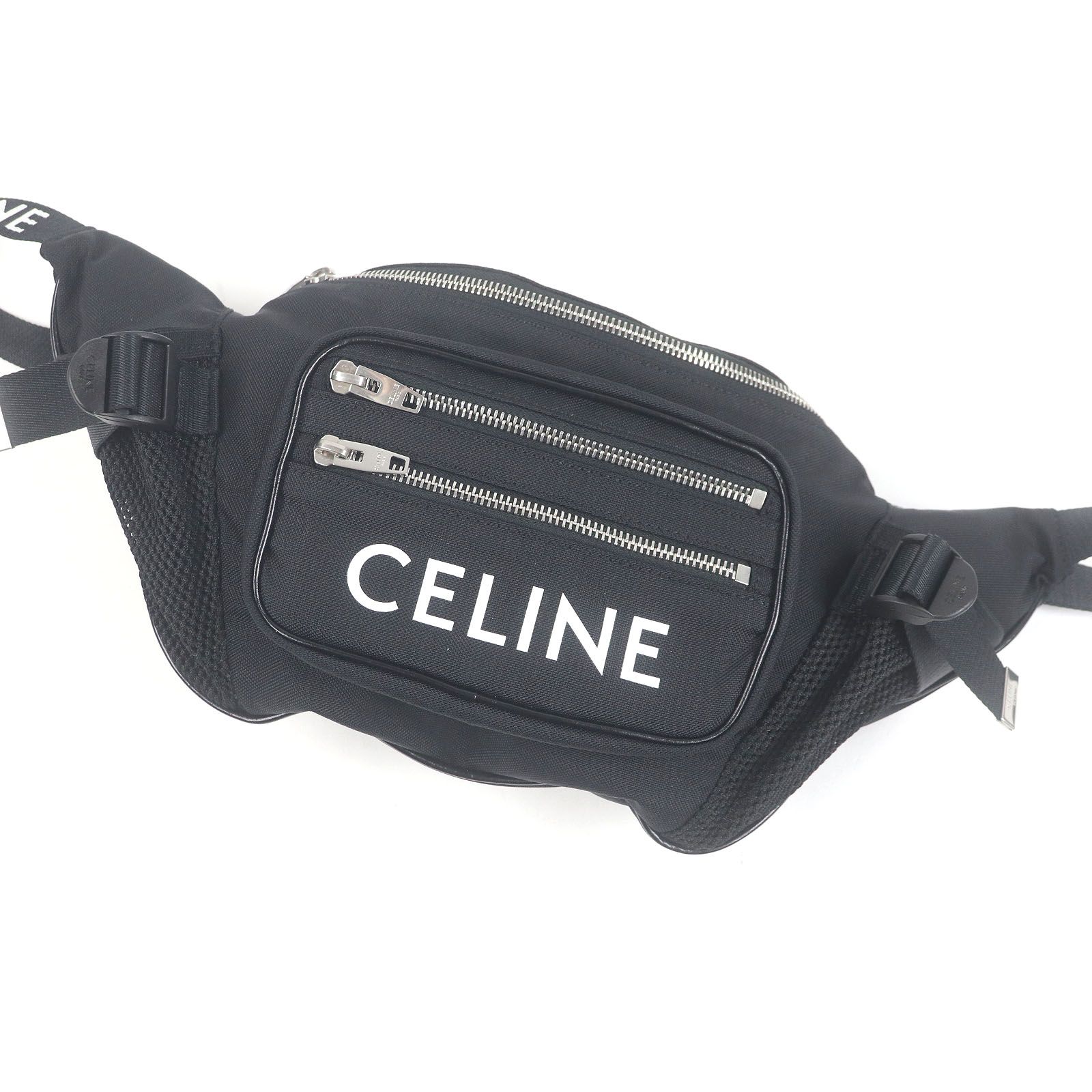 □CELINE セリーヌ 19868 ナイロン トレッキング ベルトバッグ ロゴプリント ボディバッグ ウエストポーチ ブラック 箱 保存袋付き イタリア製 メンズ