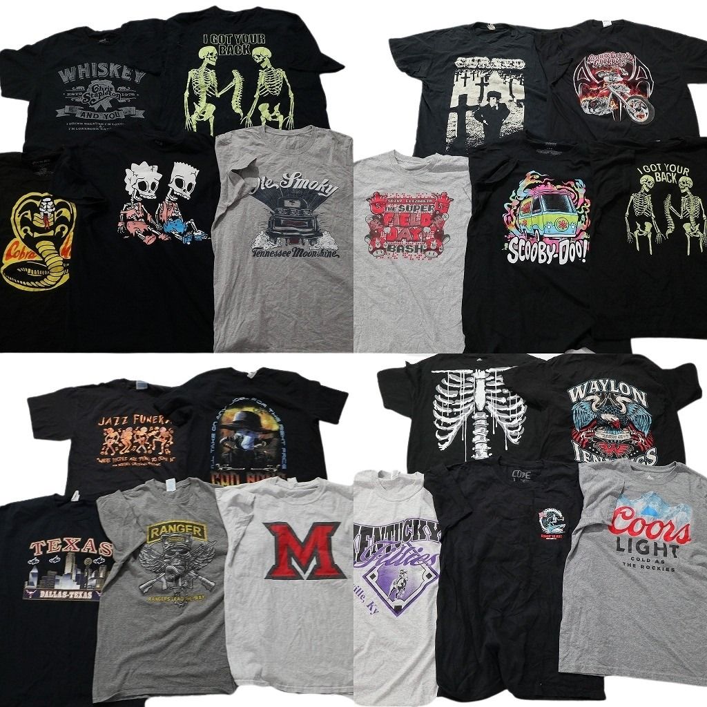 古着卸 黒 グレー ボディ プリント 半袖Tシャツ 20枚セット メンズ Ｌ スカル コブラ会 テキサス マリオ 古着 NA1880