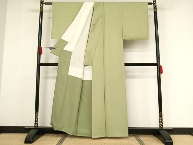 平和屋着物○上質な色無地 舞花地紋 若芽色 正絹 逸品 AABA4568np