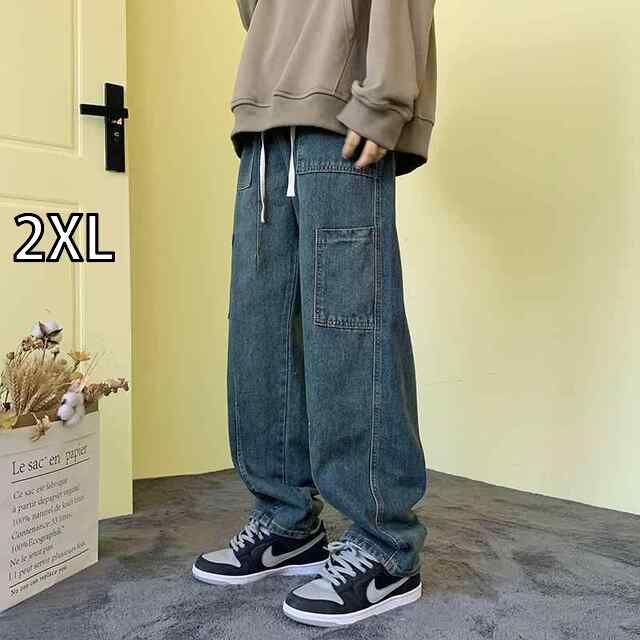 [2XL]メンズ ファッション 服 男性用 オシャレ シンプル 大人 かっこいい 大きいサイズ ストリート 紳士服 アメリカン レトロ ワークウェア ジーンズ ワイド レッグ ストレート パンツ ストリ