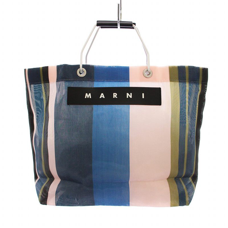 マルニ MARNI フラワーカフェ トートバッグ メッシュ ストライプ 青  