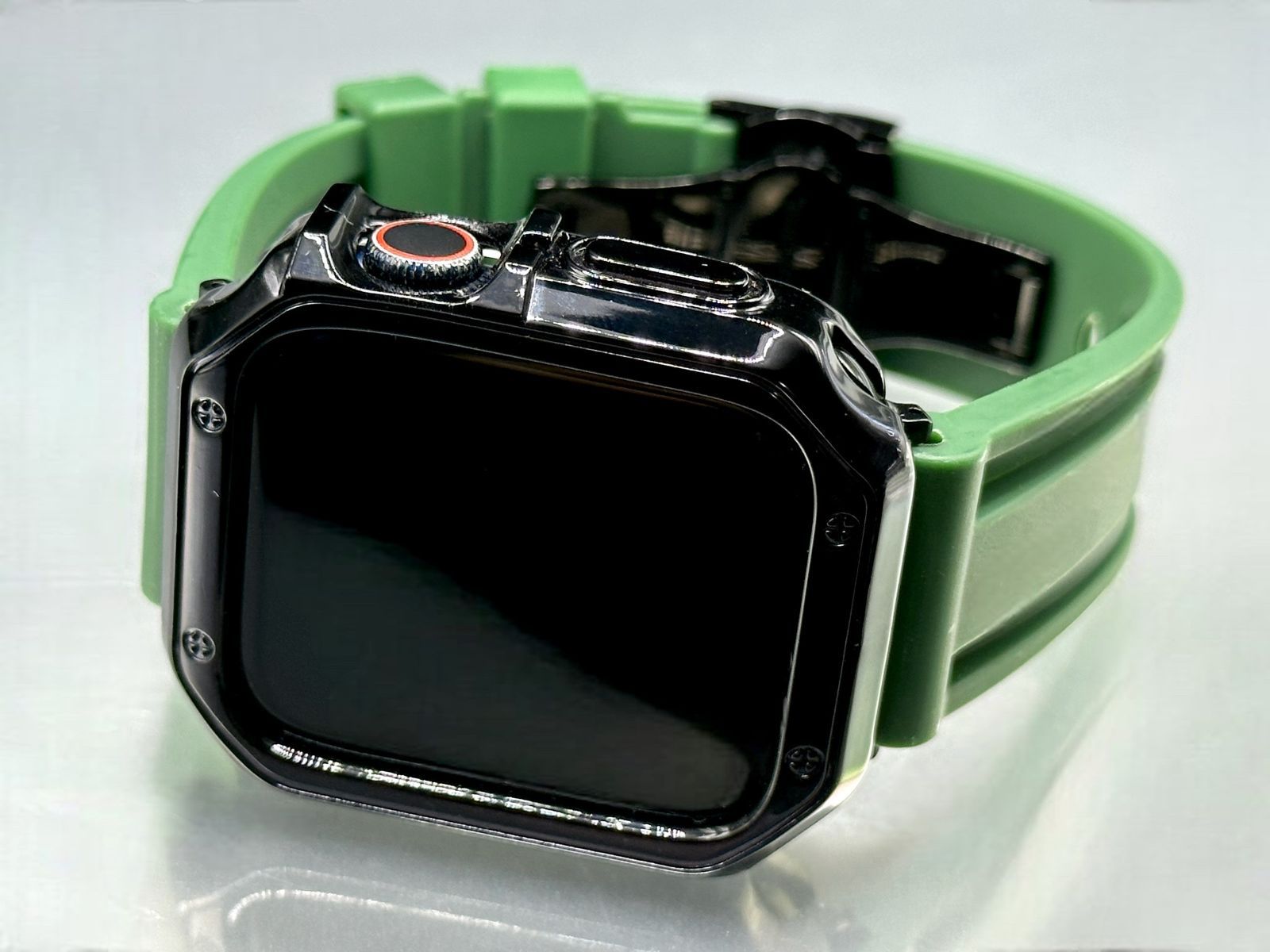 Apple Watch カスタム ラバーバンド アップルウォッチカバー ケース ベルト TPUセット ブラック-グリーン