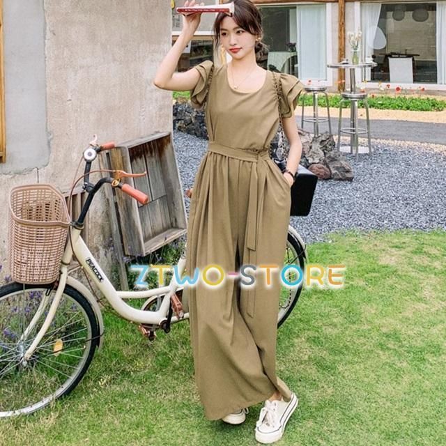 オールインワン レディース 大きいサイズ ジャンプスーツ パンツ ハイウエスト ワイドパンツ 無地 シンプル ゆったり 体型カバー