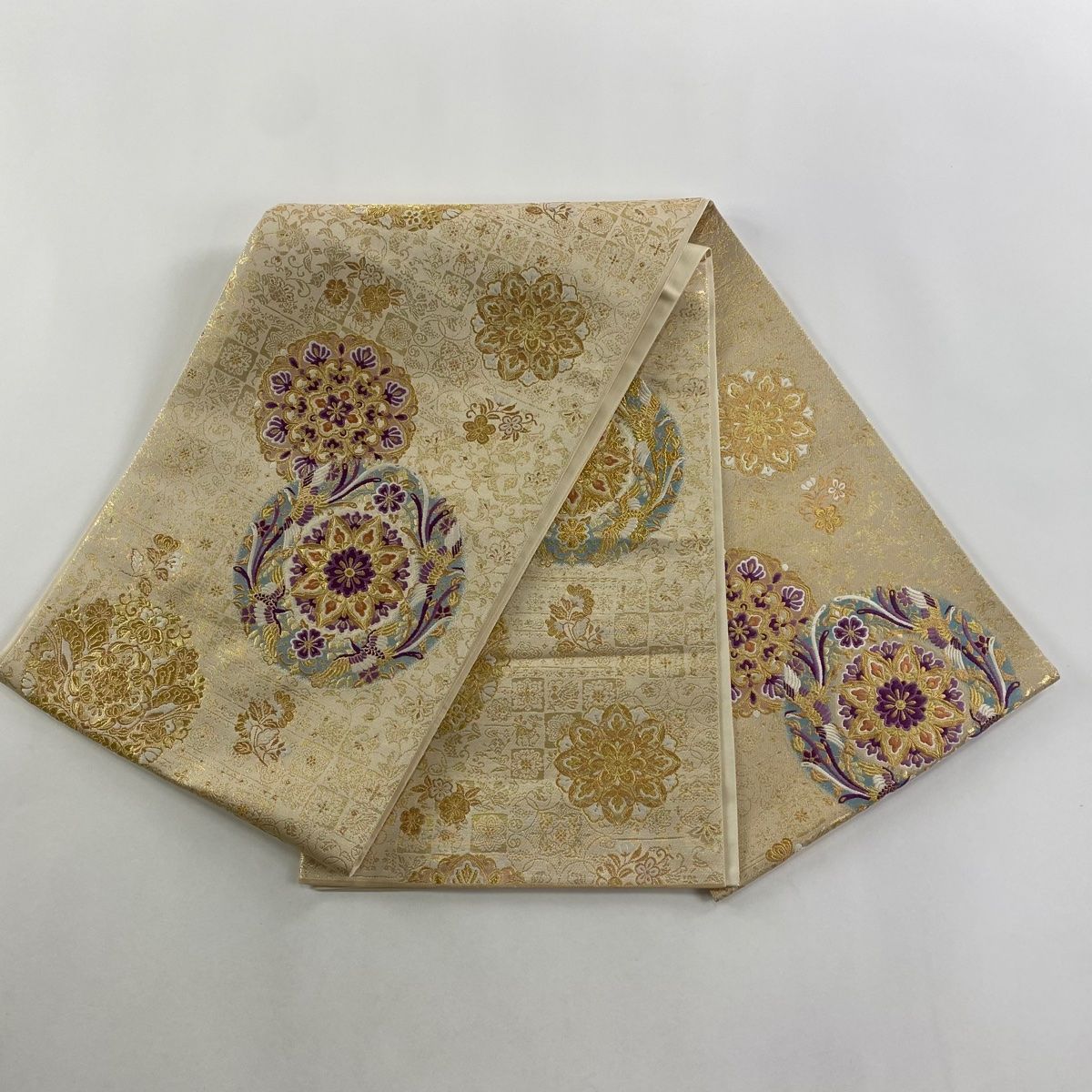 袋帯 美品 逸品 じゅらく 落款 証紙 帝王紫 華文 鳥 金糸 刺繍