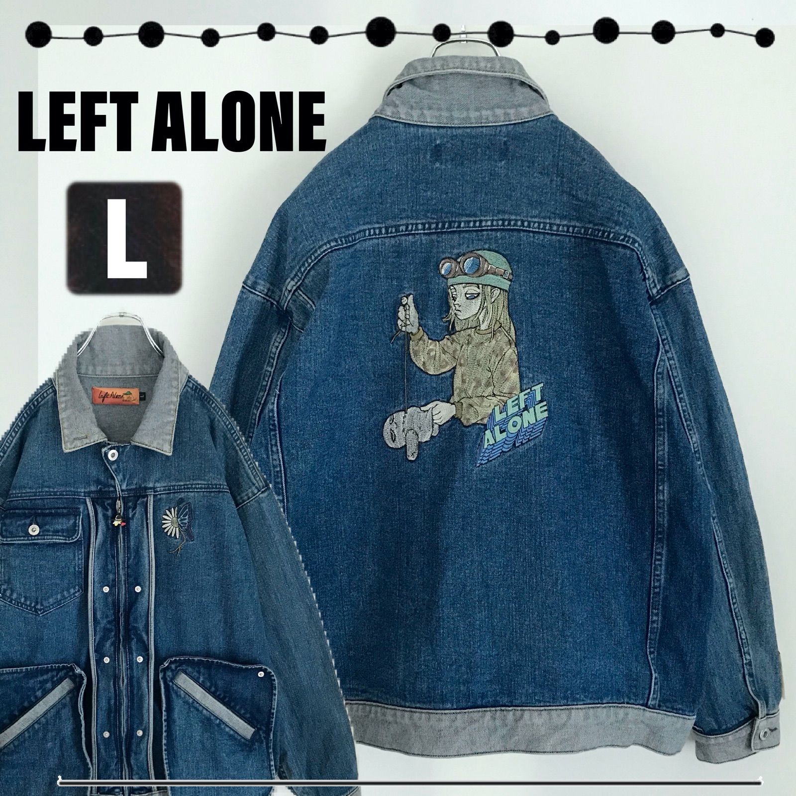 Left Alone レフトアローン★デニムジャケット★ジージャン ★背中刺繍グラフィック★外付けハンドウォームポケット★切替デザイン★メンズL  2401J050