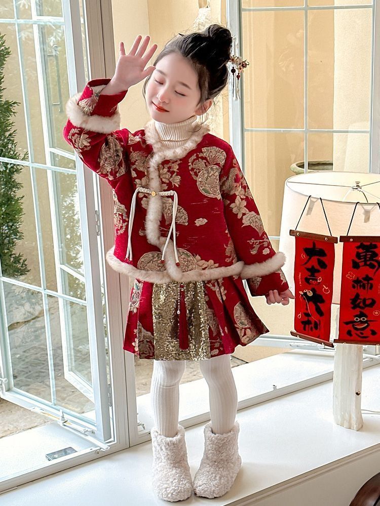 人気商品 子供用ドレス 中国民族風 紅色 厚手の秋冬着 伝統唐装 ベビー服 お正月服 子供旗袍  フォーマル ドレス・スーツ    ドレス