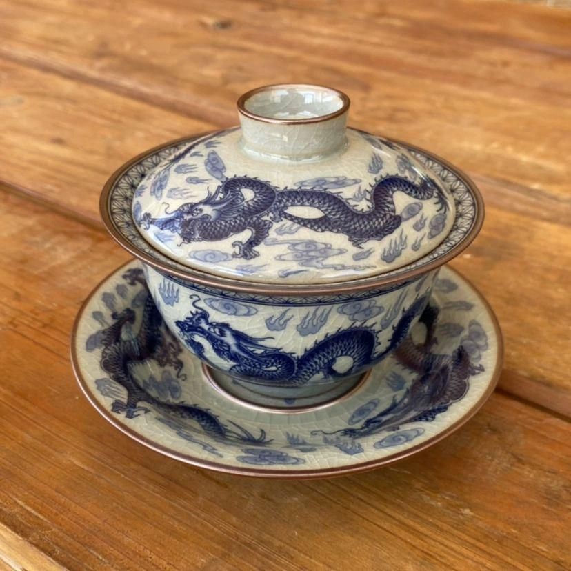 青花九龍紋蓋碗 中国茶器 景徳镇 蓋付き茶器 飲茶食器 煎茶具