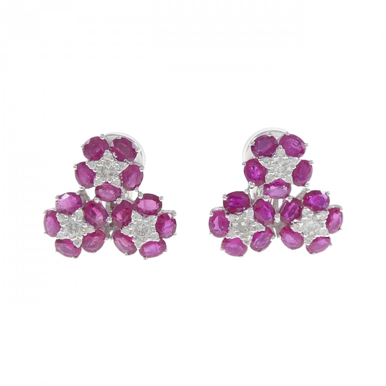 K18WG フラワー ルビー ピアス|イヤリング 5.08CT
