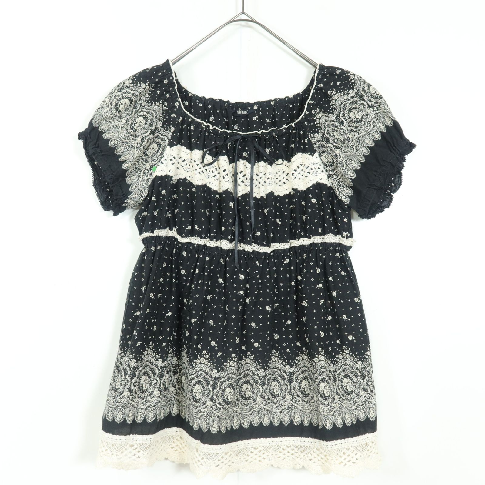 ピンクハウス☆ふんわりフォルム♪レース付きブラウス 黒系 ギャザー