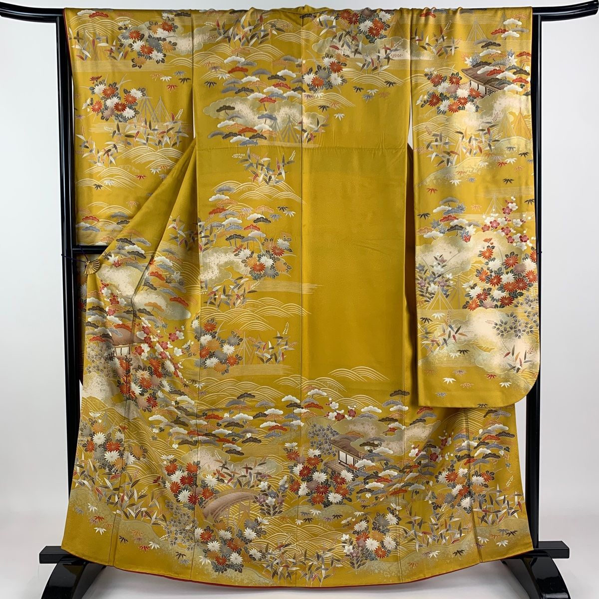 在庫一掃】 振袖 身丈164cm 裄丈65.5cm M 袷 家屋 松竹梅 金糸 金彩  