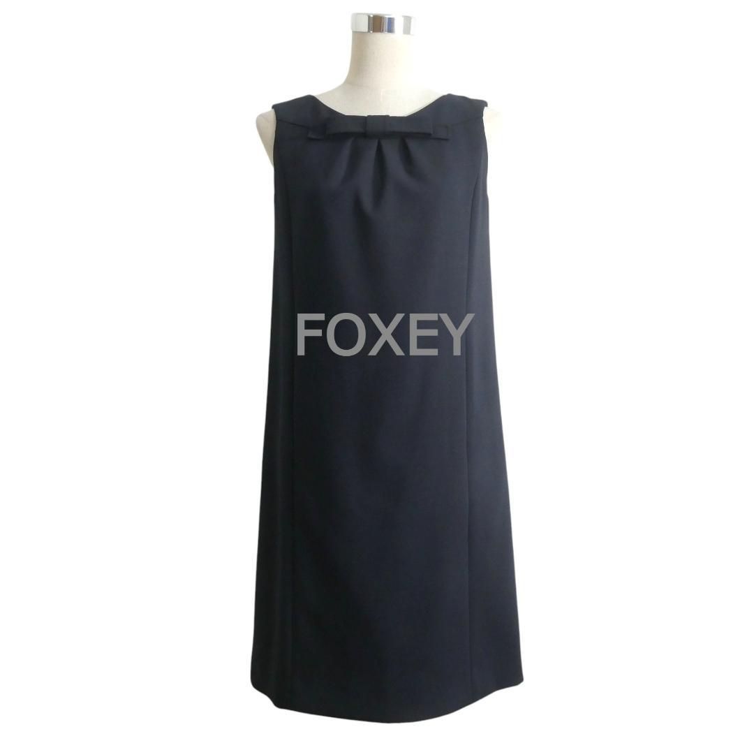 FOXEY BOUTIQUE フォクシーブティック サイズ38 リボン ストレッチ ダブルフェイス 膝丈 ノースリーブ マカロン ワンピース ドレス 紺 ネイビー