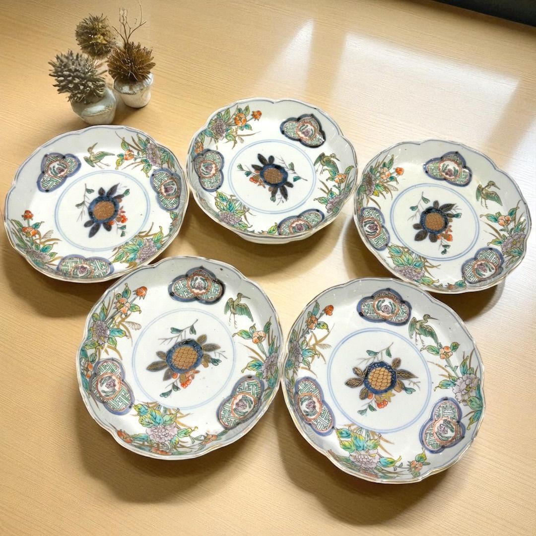 5客セット 花鳥図 伊万里 古伊万里 なます皿 直径15.5cm 金彩
