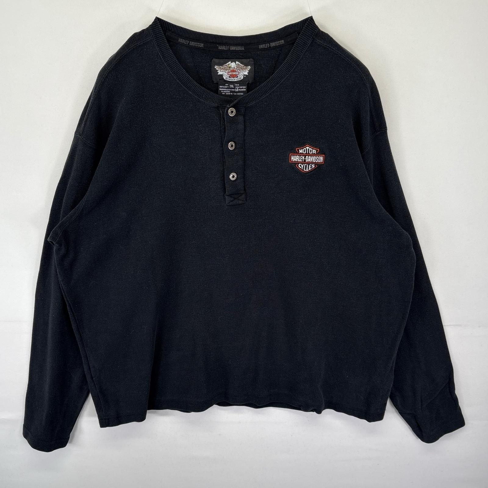 古着 ハーレーダビッドソン HARLEY DAVIDSON 長袖Tシャツ ロンT ハーフボタン 刺繍ロゴ 大きいサイズ XXL  ブラック メンズ 古着 ハーレーダビッドソン HARLEY DAVIDSON 長袖Tシャツ ロンT ハーフ