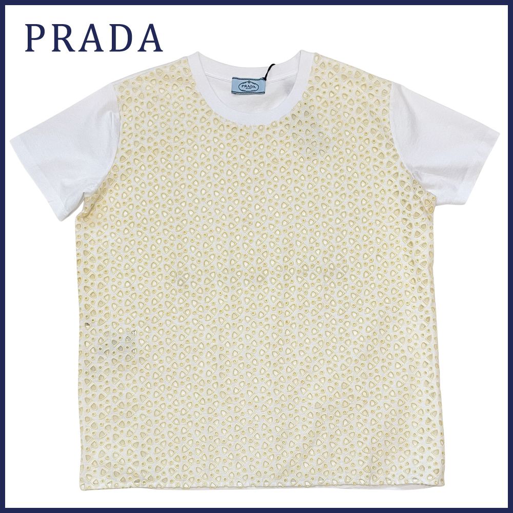 新品プラダPRADAクルーネック　レースTシャツ　白×イエロー#XXL