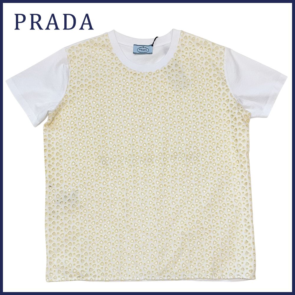 新品プラダPRADAクルーネック レースTシャツ 白×イエロー#XXL