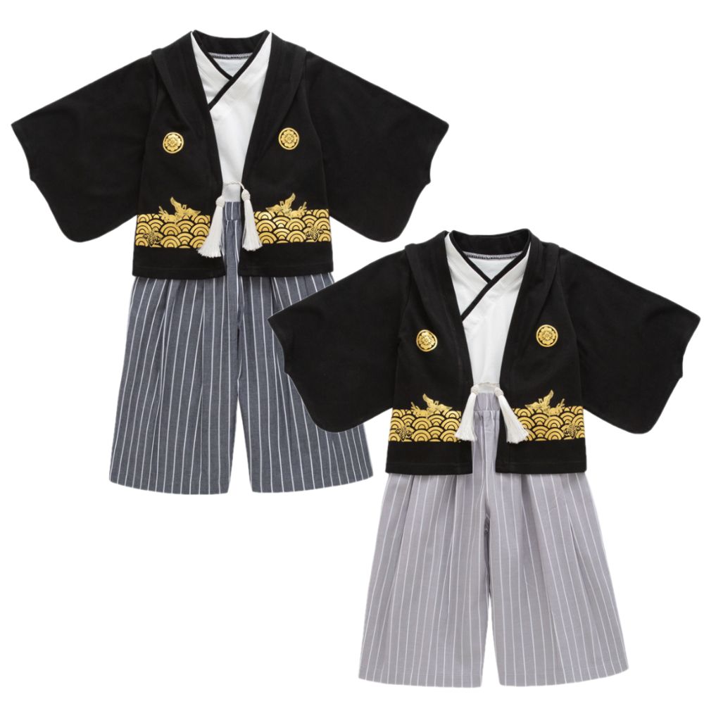 キッズ 袴 110 男の子 ブラック セットアップ お正月 七五三 撮影 子供 男児袴セット 4点セット(袴+角帯(袴下帯)+懐剣+お守り)「黒グレー棒縞