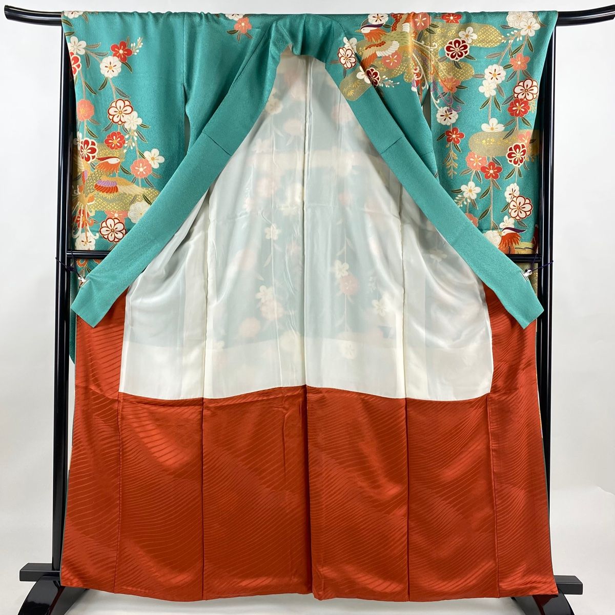 振袖 身丈163cm 裄丈69cm L 袷 鴛鴦 草花 金糸 金彩 青緑 正絹 振袖 身丈163cm 裄丈69cm L 袷 鴛鴦 草花 金糸 金彩 青緑 正絹