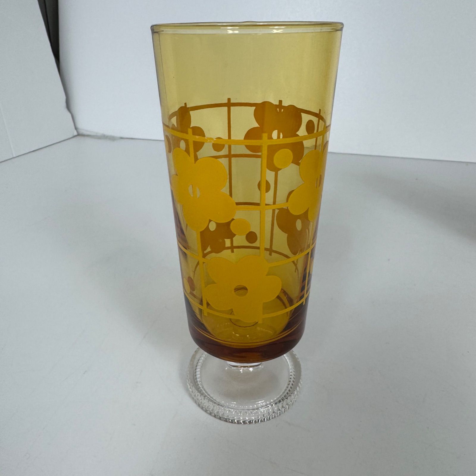 アデリア 昭和レトロ 脚付きグラス 花柄 アンバーガラス 5個セット