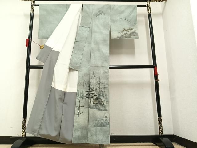 平和屋着物○訪問着 紬地 手描き 風景樹林文 暈し染め 金彩 正絹 逸品  