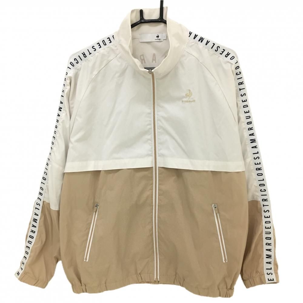 ルコック ジャケットブルゾン 白×ベージュ 袖英字ライン レディース L ゴルフウェア 2022年モデル le coq sportif