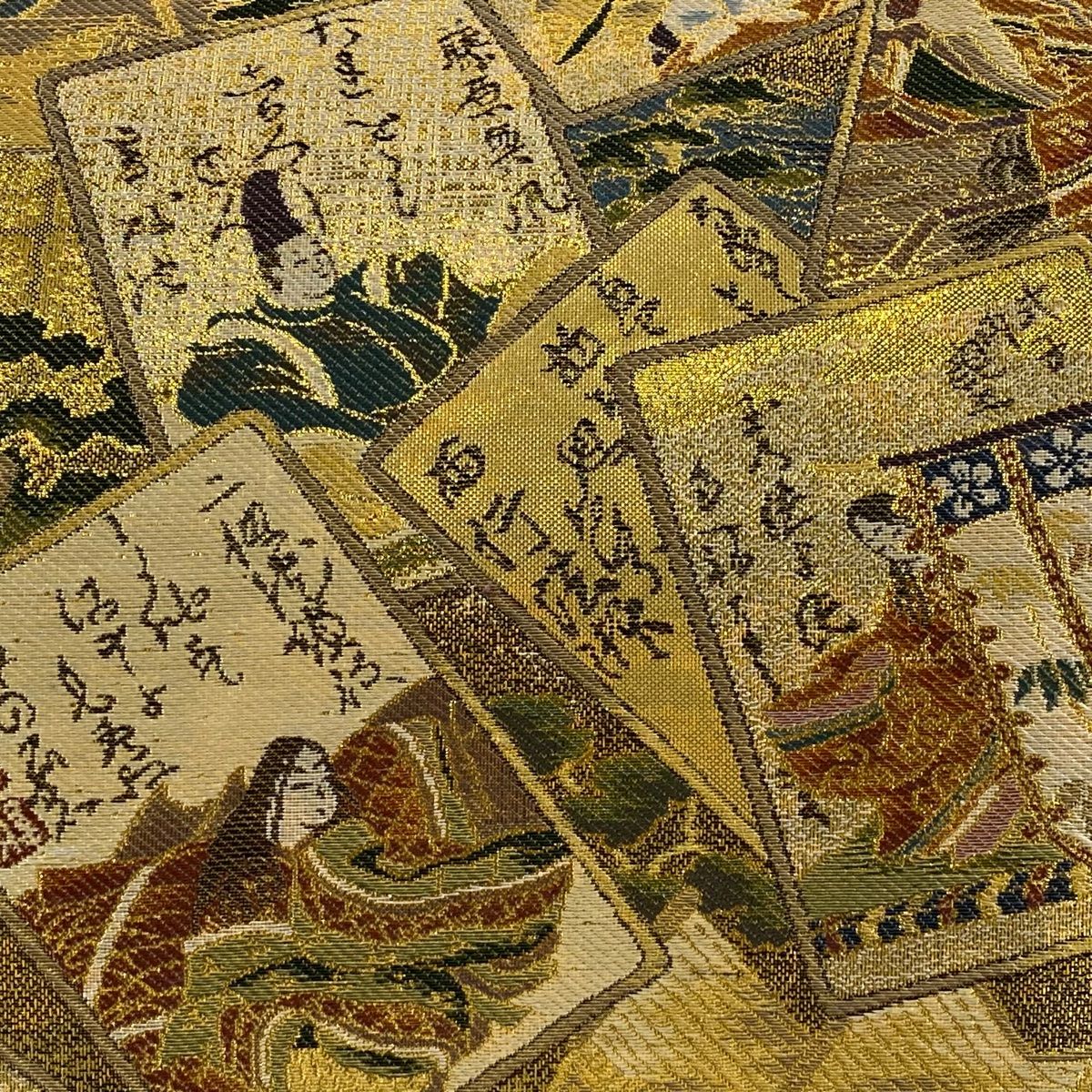 丸帯 リバーシブル かるた 人物 箔 金色 全通 正絹