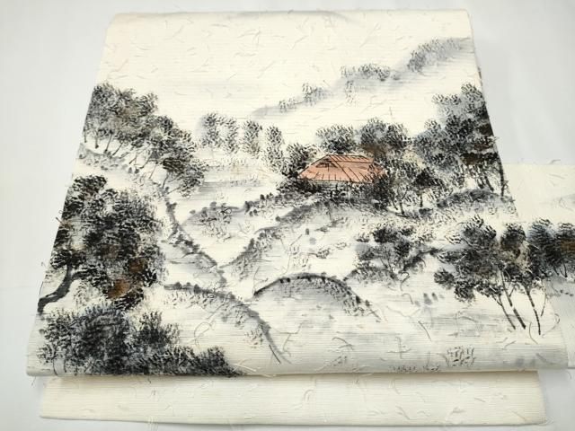 平和屋着物●九寸名古屋帯 作家物 手描き 髭紬 遠山風景文 金彩 正絹 CAAY2459hy