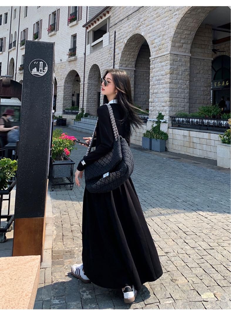 春セクシーコントラストニットドレスロング丈ワンピース