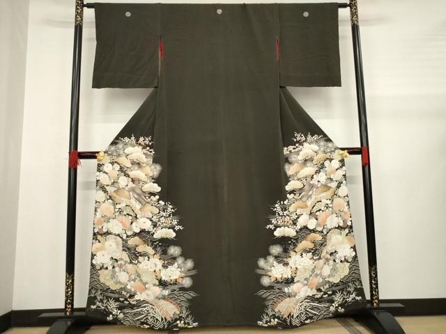平和屋着物●アンティーク 大正ロマン 黒留袖 風景吉祥花文 両褄 正絹 AABA9800ck