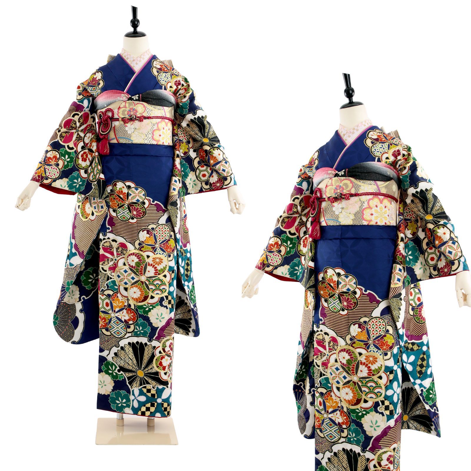 振袖 振袖セット USED振袖 紺 モダン 古典柄 雪輪 7点フルセット  