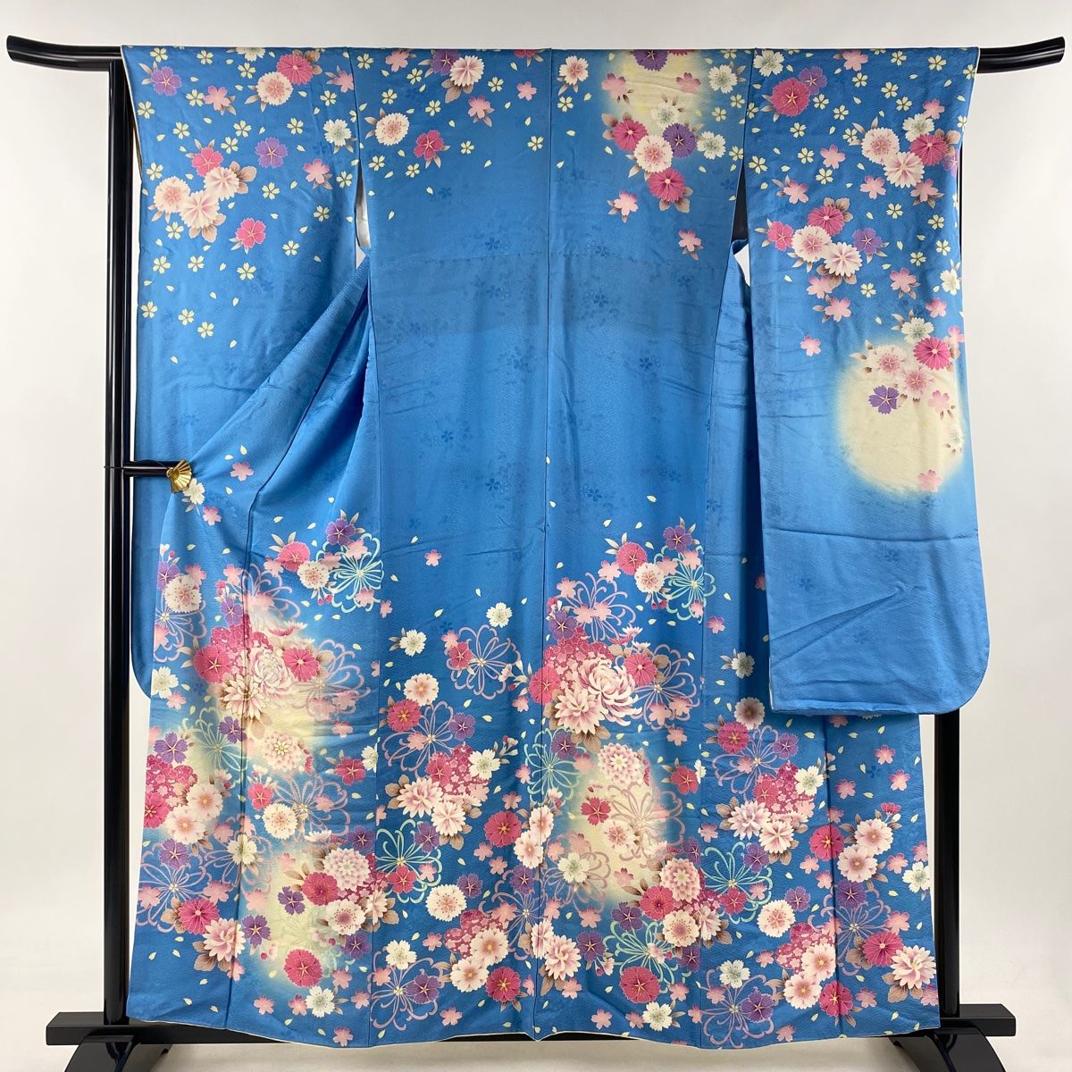 振袖 身丈157.5cm 裄丈65.5cm M 袷 牡丹 撫子 ラメ ぼかし 水色 正絹 名品