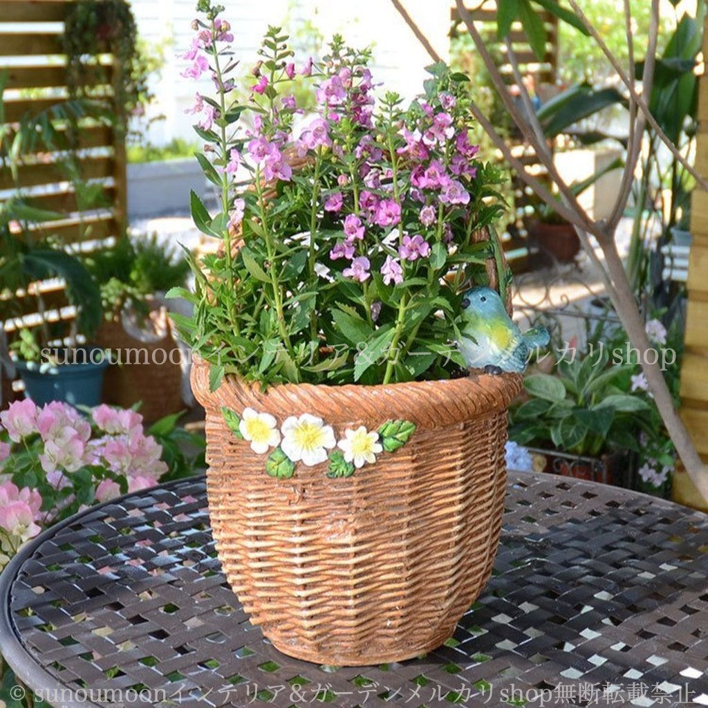 雑貨 プランター インテリア おしゃれ バード 酸化マグネシウム お洒落 庭の装飾 花 ガーデン雑貨 ガーデンインテリア 鳥 バスケット調 小鳥 花 8-14 ガーデニング ブラウン フラワーバスケット 植木鉢 ガーデン