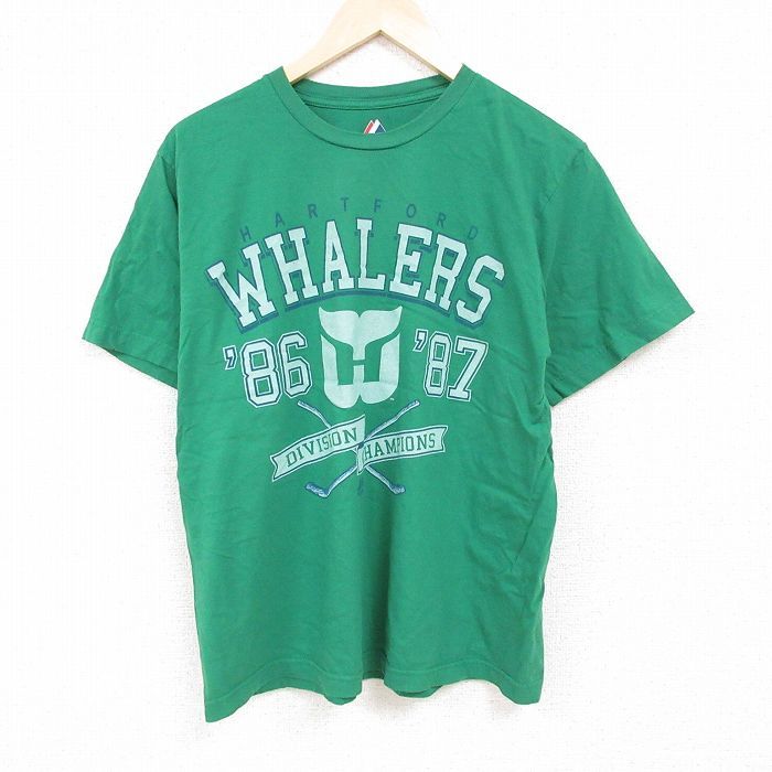 L/古着 マジェスティック 半袖 Tシャツ メンズ NHL ハートフォードホエーラーズ コットン クルーネック 緑 グリーン アイスホッケー 24jun1