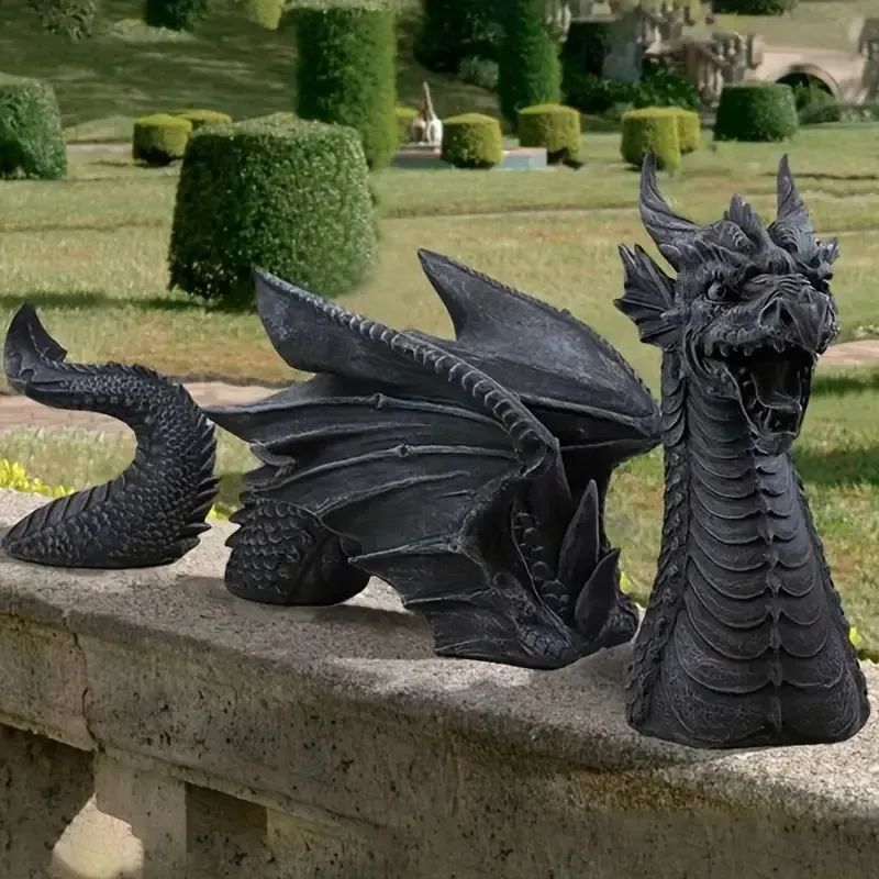 ガーゴイル ドラゴン 竜 龍 置物 インテリア 装飾 庭 ガーデン リビング 飾り 樹脂 3パーツ 黒 ブラック 銀 シルバー