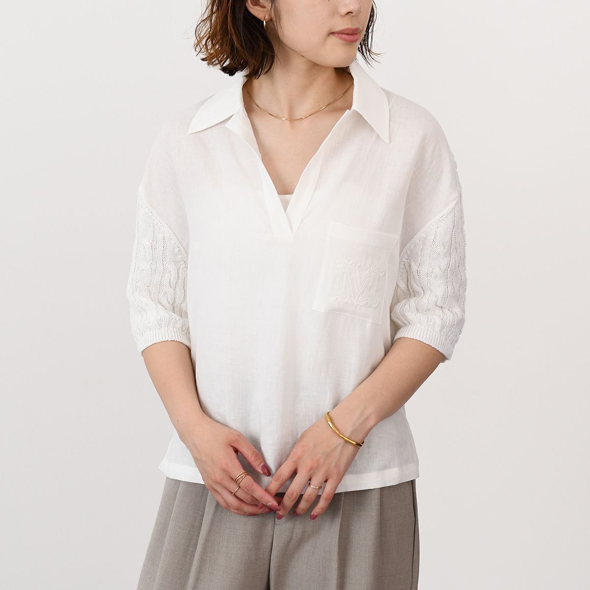 Max Mara マックスマーラ トップス ニット PAVIDI パヴィディ ピュア リネン ポロ 2511361042600 レディース ホワイト 半袖 ケーブル編み ドロップショルダー ニットシャツ