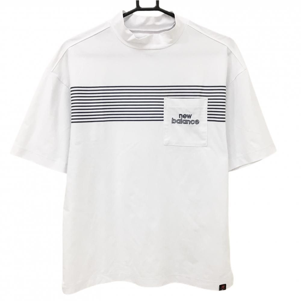  【美品】ニューバランスゴルフ 半袖ハイネックシャツ 白×グレー 胸ボーダー ポケット メンズ 4(M) ゴルフウェア New Balance シャツ
