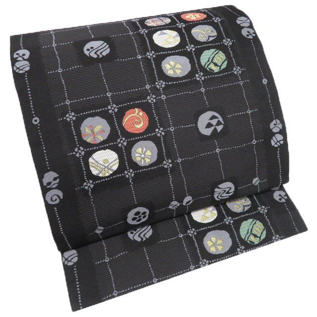 名古屋帯 なごや帯 リサイクル 正絹 カジュアル 仕立て上がり 金糸 黒色 錫色 多色 きもの北條 A1285-16