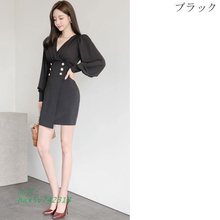 ウエスト2連ボタン Vネック胸元開き ショートタイトワンピース 黒 白 セクシー スナック ナイトドレス 韓国 キャバ ドレス hax5v742318