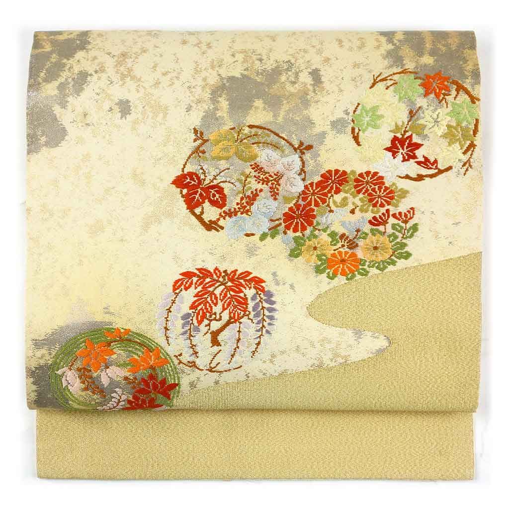 未使用品 名古屋帯 イエローベージュ 枝花 縮緬 長さ3m61cm 正絹 名古屋帯 幅30cm 長さ365cm レディース 花丸紋 秋冬春用 正絹