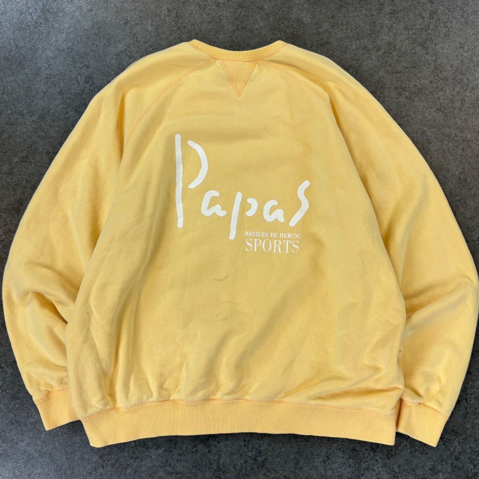 【Papas】 パパス 両V スウェットトレーナー 両面プリント 刺繍 90s Made in Japan PAPAS Logo Printed Sweats Yellow 100% Cotton