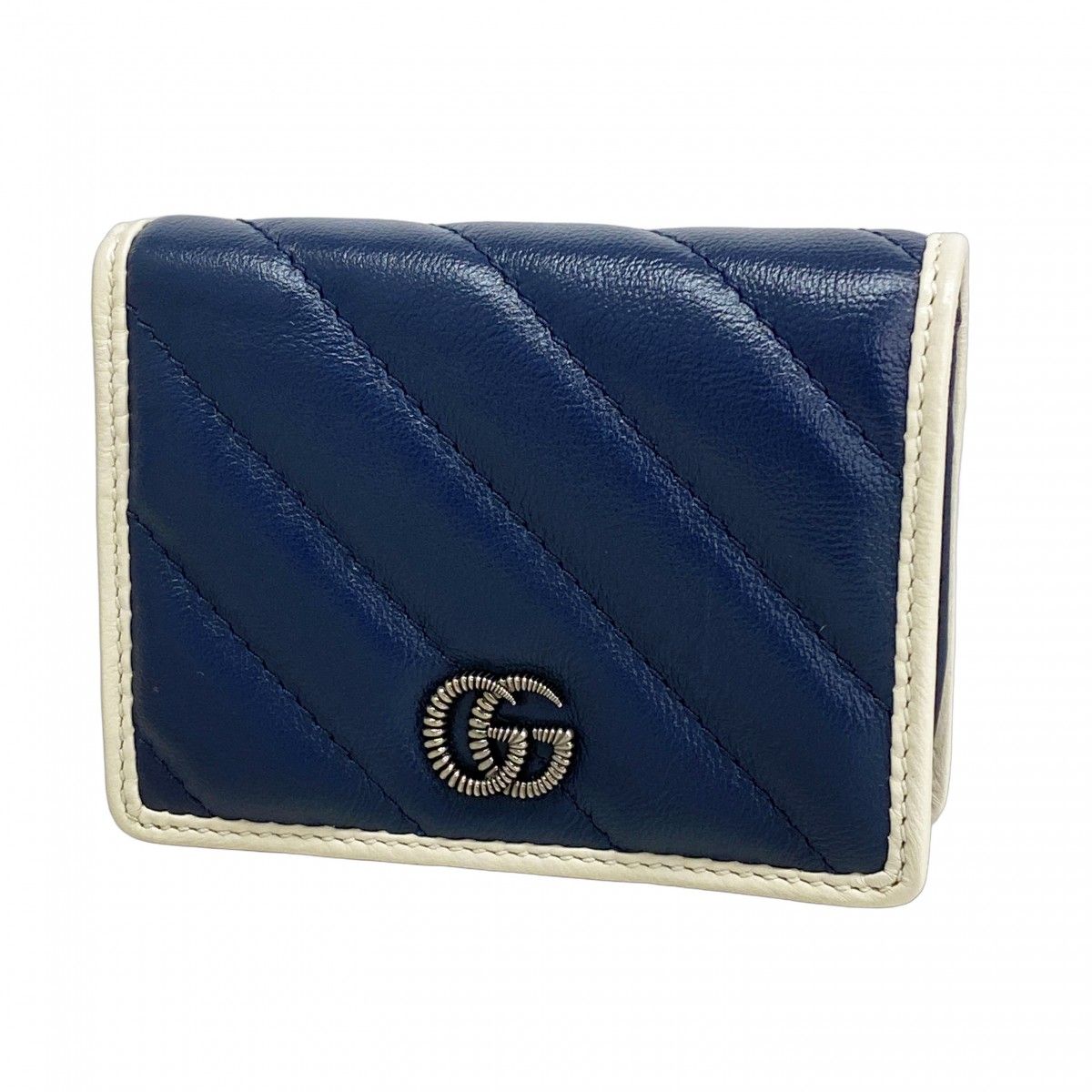 5ie6278-h グッチ 財布 GGマーモント 573811 レザー ネイビー ホワイト シルバー金具 レディース
