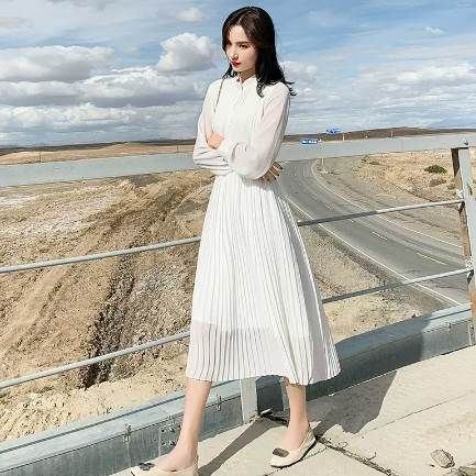 ワンピース プリーツスカート ワンピドレス 膝下 ロング ロング丈 袖あり 長袖 襟なし スタンドカラー Aライン シフォン ハイウエスト 透け感 ポリエステル かわいい 大人可愛い きれいめ シンプル 大人 上品 おしゃれ お洒落 アジアン エスニック エキゾチック ラフ 無地 春 ワンピース プリーツスカート ワンピドレス 膝下 ロング ロング丈 袖