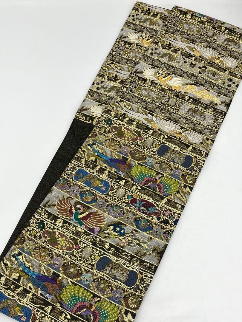 袋帯 龍 虎 孔雀 鳳凰 鳥 動物 金糸 正絹 Q945 袋帯 龍 虎 孔雀 鳳凰 鳥 動物 金糸 正絹 - メルカリ