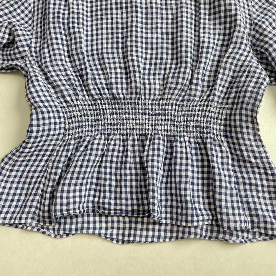 美品 23区 リベコ 麻100 ギンガムチェック ウエストギャザーブラウス 