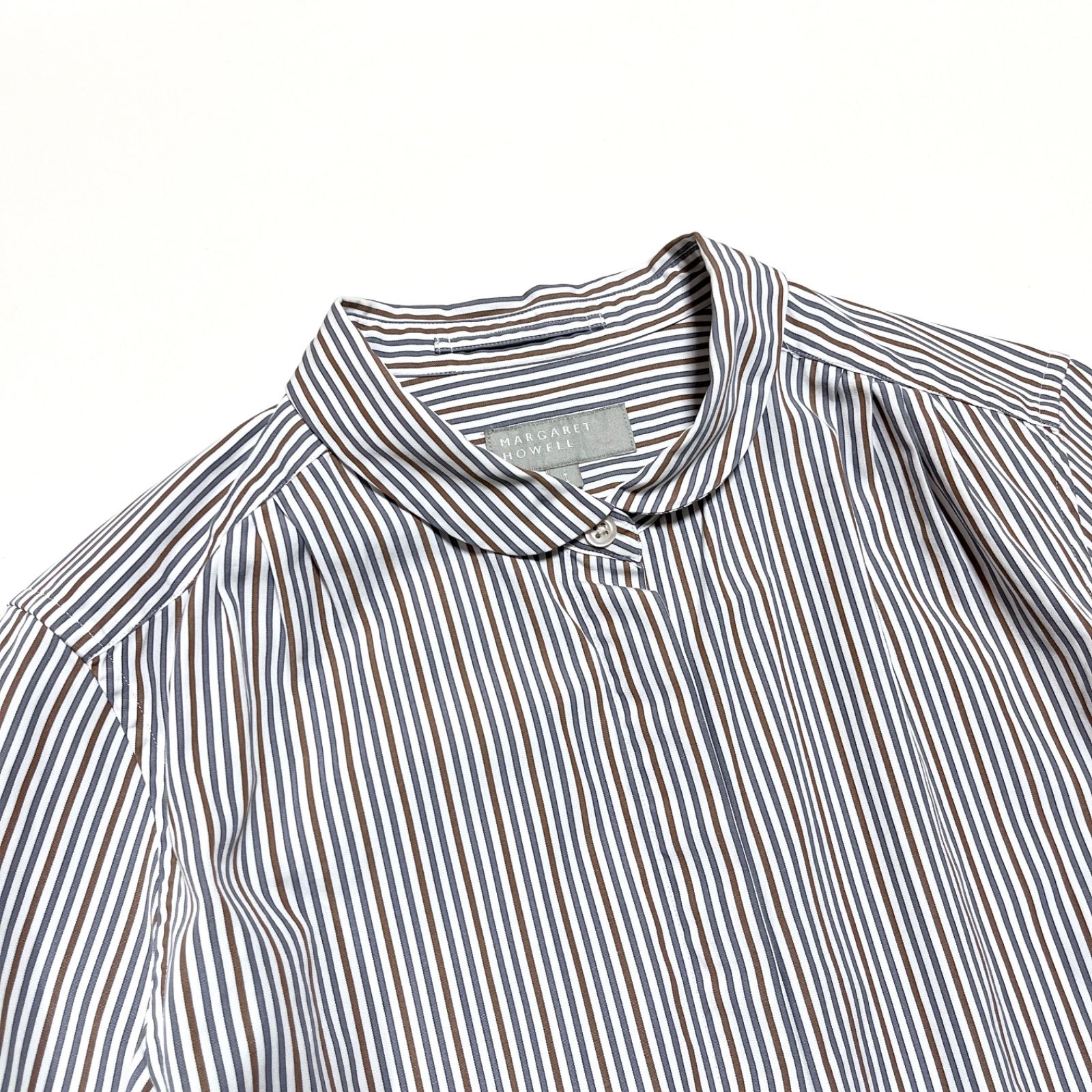 ◆美品 マーガレットハウエル 丸襟 ストライプ シャツ 7分袖 比翼ボタン cE94 MARGARET HOWELL 丸襟ストライプシャツ 比翼ボタン