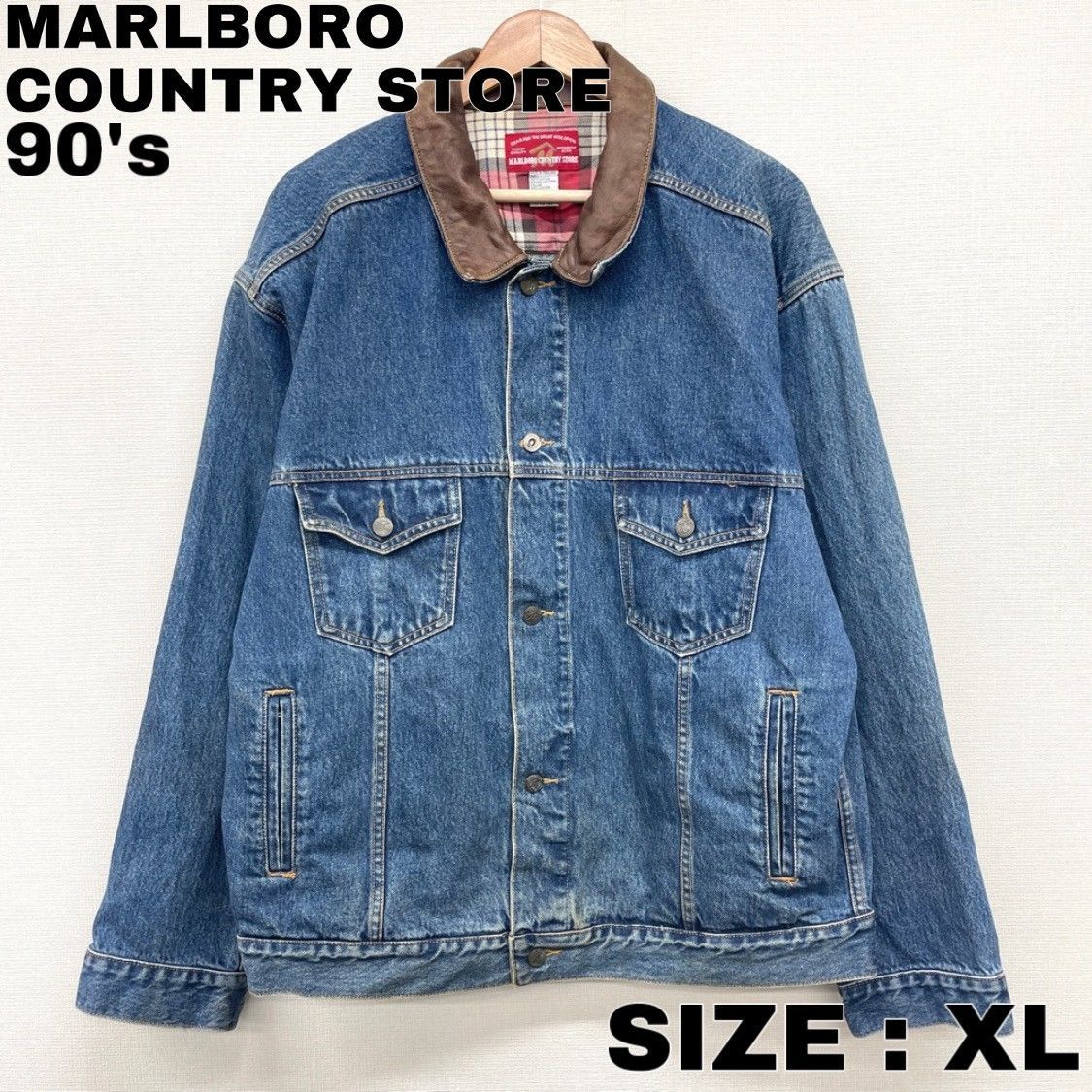 90's US古着 MARLBORO COUNTRY STORE デニム ジャケット 襟レザー 長袖 メンズ XL ビッグサイズ インディゴ